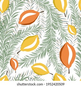 Lemons, oranges and coniferous branches on a white background. Vector seamless pattern.