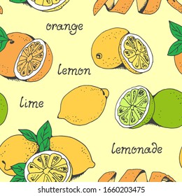 Lemons and oranges fruit vector seamless pattern, hand drawn citruses isolated on yellow background with text