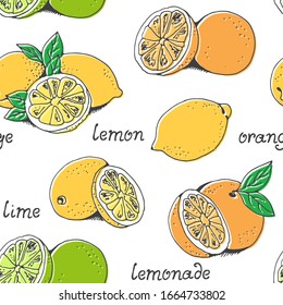 Lemons and oranges fruit vector seamless pattern, hand drawn citruses isolated on white background with text