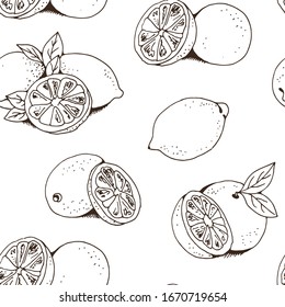 Lemons and oranges fruit vector seamless pattern, hand drawn citruses isolated on white background