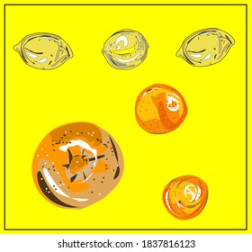 Lemons, oranges, grapefruit. The juice. Orange and yellow fruits. Healthy diet. Set of fruits and vegetables. Vegan. Vegetarian.