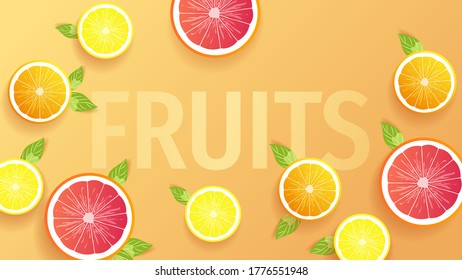 Zitronen, Orangen und Pampelmusen auf orangefarbenem Hintergrund. Vektorgrafik für Café-Menü, Cover, Banner, Poster.
