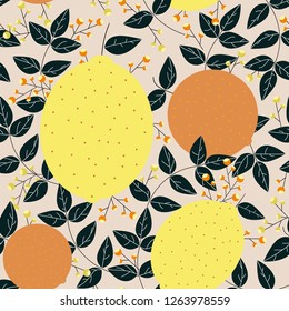 Lemons oranges leaves berries seamless pattern
