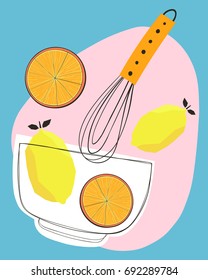 Lemons and oranges mixing together with a whisk in a bowl. Vector illustration