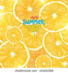 Limões e laranjas com brilho de sol e gotas de suco para design de fundo brilhante verão. Ilustração vetorial.