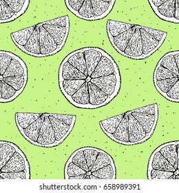 Lemons pattern.  Colorful summer fruit vector illustration on green background.