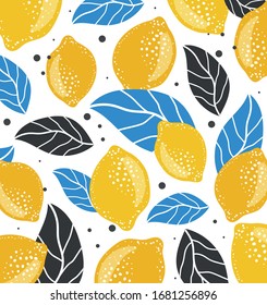 Lemons, pattern. Juicy lemons and leaves vector. lemon isolated on white. Illustration used for magazine, book, poster, card, menu cover, web pages. 