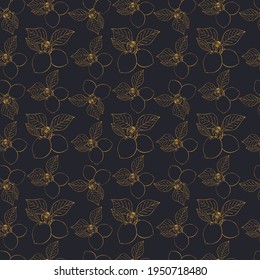 Lemons pattern on a dark background, contour yellow fruits, hand drawing doodling, seamless texture. For background, banner, textile, backdrop.