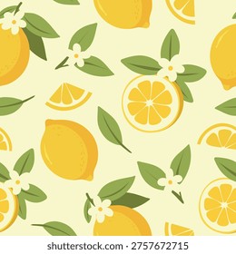 lemons pattern. Vector bright seamless large pattern of lemons with green leaves, lobules, and small flowers. Ideal for summer kitchen decor, fabric design, packaging, printing, textiles