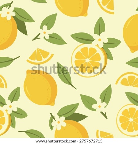 lemons pattern. Vector bright seamless large pattern of lemons with green leaves, lobules, and small flowers. Ideal for summer kitchen decor, fabric design, packaging, printing, textiles