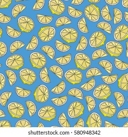  Lemons pattern. Vector illustration. Blue background with yellow lemons . Grey outline .   Seamless pattern with lemons . Slices of lemon on the blue background.