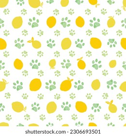 Lemons with paw prints seamless fabric design summer theme pattern