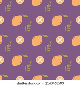 Lemons with plants on purple background, vector seamless pattern.