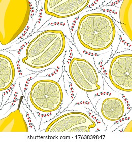 Lemons and plants on a white background. Vector seamless pattern.