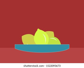 Lemons in plate, illustration, vector on white background.