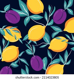 Lemons and plums on a black background. Background with plants and flowers. Flat style. Cartoon. Pattern. Design for fabric and wallpaper. Vector stock illustration