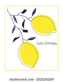 Lemons poster with French quote "Les citrons". Minimalism art, decoration, poster, postcard