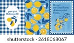 Lemons Poster in Mediterranean style. Vector illustration of citrus, cut fruits, traditional pattern