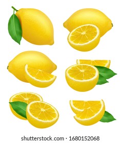 Lemons realistic. Fruits slices citrus natural products yellow vector natural food lime