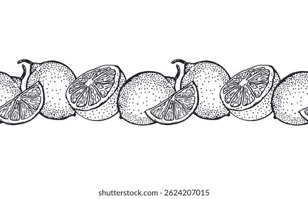 Lemons seamless horizontal border in black ink. Whole, half and slice fruits. Hand drawn vector illustration. For food and cosmetic labels, jam, lemonade, covers, wallpapers.