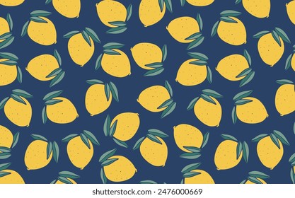 Lemons seamless pattern. Citrus fruits on blue background. Floral design for textile, wallpaper, and print.	