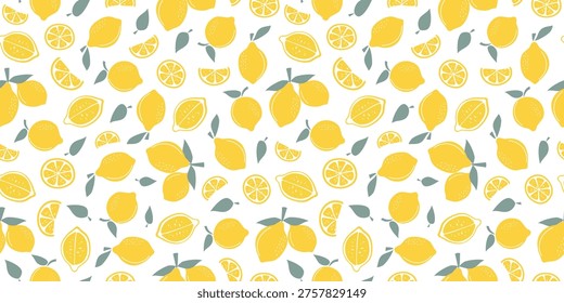 Lemons, seamless pattern. Food, lemonade ingredients. Colored flat illustration with citrus fruits and leaves. Slices, halves, and whole lemons. Natural background.
