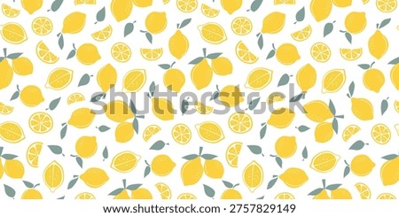 Lemons, seamless pattern. Food, lemonade ingredients. Colored flat illustration with citrus fruits and leaves. Slices, halves, and whole lemons. Natural background.
