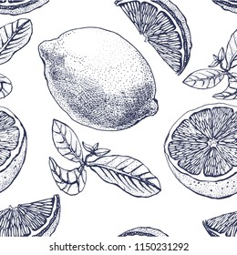 lemons, seamless pattern, hand drawing, vector, contour illustration