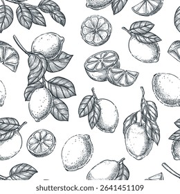 Lemons seamless pattern. Hand drawn sketch vector lime illustration. Food products background. Fabric design, wrapping paper, textile print