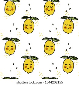 Lemons seamless pattern. Hawaiian cute muzzle citruses. Vector illustration.