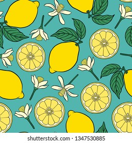 Lemons seamless pattern with leaves and flowers. Vector illustration.