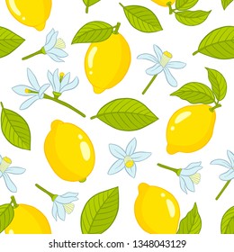 Lemons seamless pattern with leaves and flowers. Vector illustration.