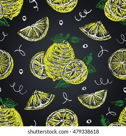Lemons seamless pattern on chalkboard. Hand drawn citrus background. Pastel drawing. Vector 