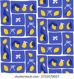 Lemons seamless pattern. Patchwork fruit summer endless background. Girly coquette blue repeat cover. Surface pattern design italian mediterranean motif. Vector hand drawn citrus illustration.
