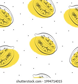 Lemons seamless pattern in sketch style Vector illustration Black-colored halves of lemons on white background with black polka dot