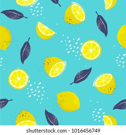 Lemons, seamless pattern. Slices and whole fruits with a leafs. Vector illustration.