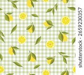 lemons seamless pattern. Vector illustration, green check pattern, yellow green, wrapping paper, textile, slice