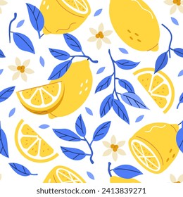 
Patrón sin fisuras de los lémulos. Frutos cítricos enteros, a medias, en rodajas con ramas y hojas para patrones, impresiones y diseño de productos. Ilustración vectorial dibujada por mano 
