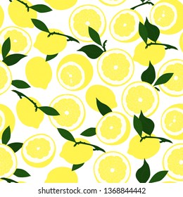 Lemons seamless pattern. Yellow lemons and green leaves, citrus background. Vector illustration. 
