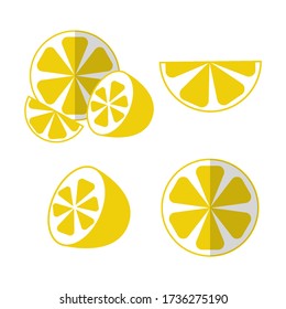 Lemons set halved and sliced pieces.  Flat style with shadow. Isolated vector illustration.