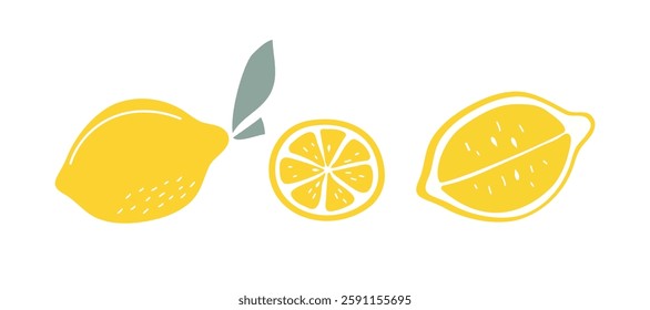 Lemons, set of simple abstract fruits. Vitamin natural food, slices and whole lemon. Color flat illustration, vector graphics. Isolated white background.