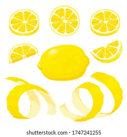 lemons. Set of whole, cut in half, sliced on pieces fresh lemons and lemon peel. Collection fresh juicy ripe citrus fruit. Hand drawn vector illustration isolated on white background