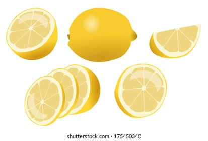 Lemons, slice, half, cut off, the whole. Vector - Illustration, five views. Fresh, natural: whole, half, slice, wedge. Graphic illustrations isolated on white background. Includes gradient mesh.