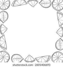 Lemons slice square frame. Black and white template with citrus fruits. Vector graphic line ink illustration with empty space for text. Ideal for menu, package, cosmetic, textile, cards