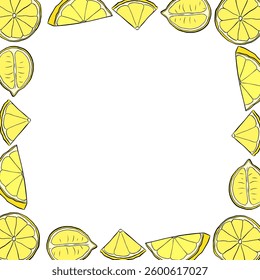 Limões cortam o quadro quadrado. Modelo de verão brilhante com frutas cítricas amarelas. Ilustração de tinta de linha de gráfico vetorial com espaço vazio para texto. Ideal para menu, pacote, cosmético, têxtil, cartões
