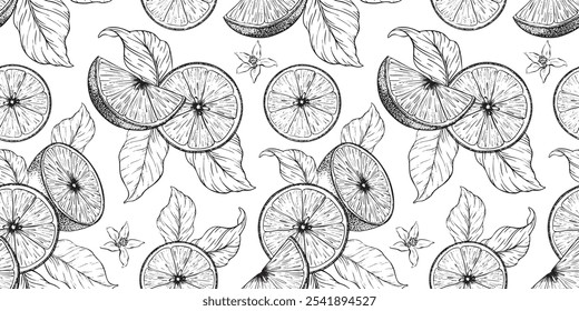 Fatias de limão, meio limão de frutas, flores e folhas. Padrão de vetor desenhado à mão sem emenda. Impressão de citrinos tropicais. Plano de fundo para menu, pacote, cosmético, têxtil, cartões