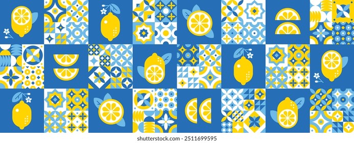 Zitronen, Scheiben und Blätter auf blauen mediterranen Fliesen.Moderner abstrakter geometrischer Hintergrund.Traditionelle portugiesische, spanische Ornamente und Motive. Vektorgrafik.Einfache Symbole im flachen Stil.