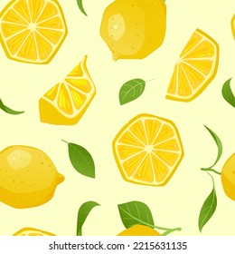 Lemons, slices and leaves seamless pattern. Organic health fruit background.