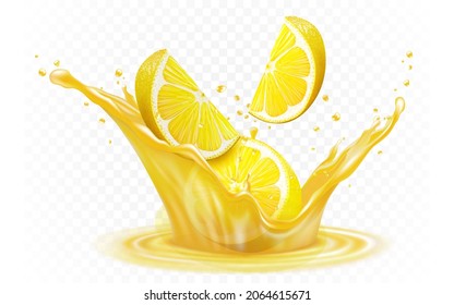 Lemons slices in lemon juice splashes and many juice drops realistic illustration. Lemonade is flowing