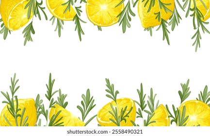 Lemons slices with rosemary sprigs on a white background. Horizontal square frame with an empty text place. Banner, poster, print. Vector hand drawn illustration. Elements are not cropped